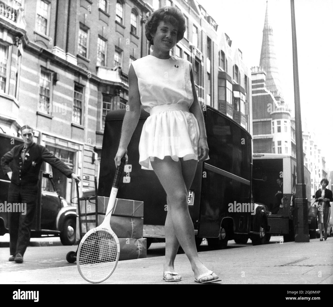 American tennis star Mimi Arnold modelling a tennis dress designed by Fred  Perry , which she wore when competing at Wimbledon Lawn Tennis  Championships , London , England 29 June 1961 Stock Photo - Alamy