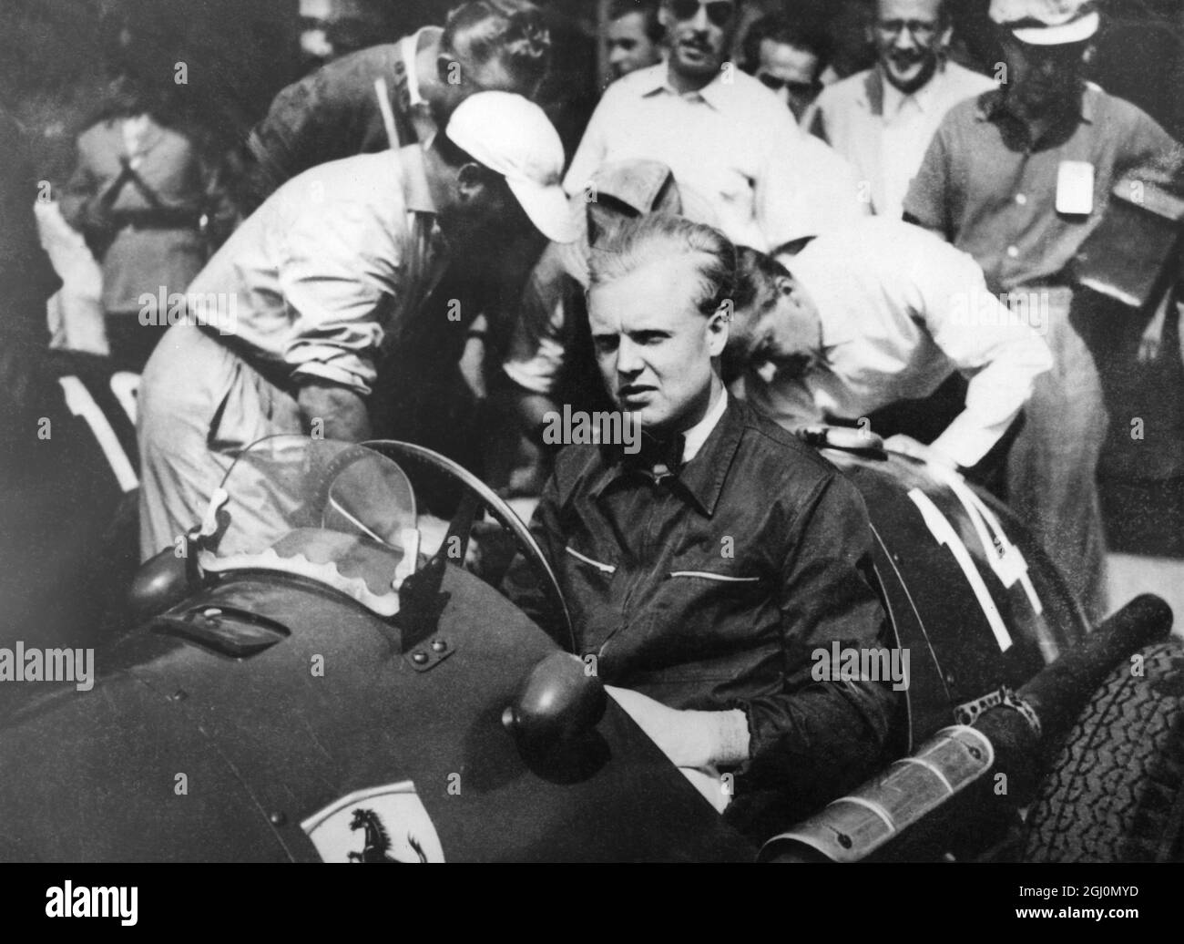 Mike Hawthorn at the wheel of his Ferrari in the pits here when he competed in the Argentine Grand Prix . 22 January 1954 Stock Photo