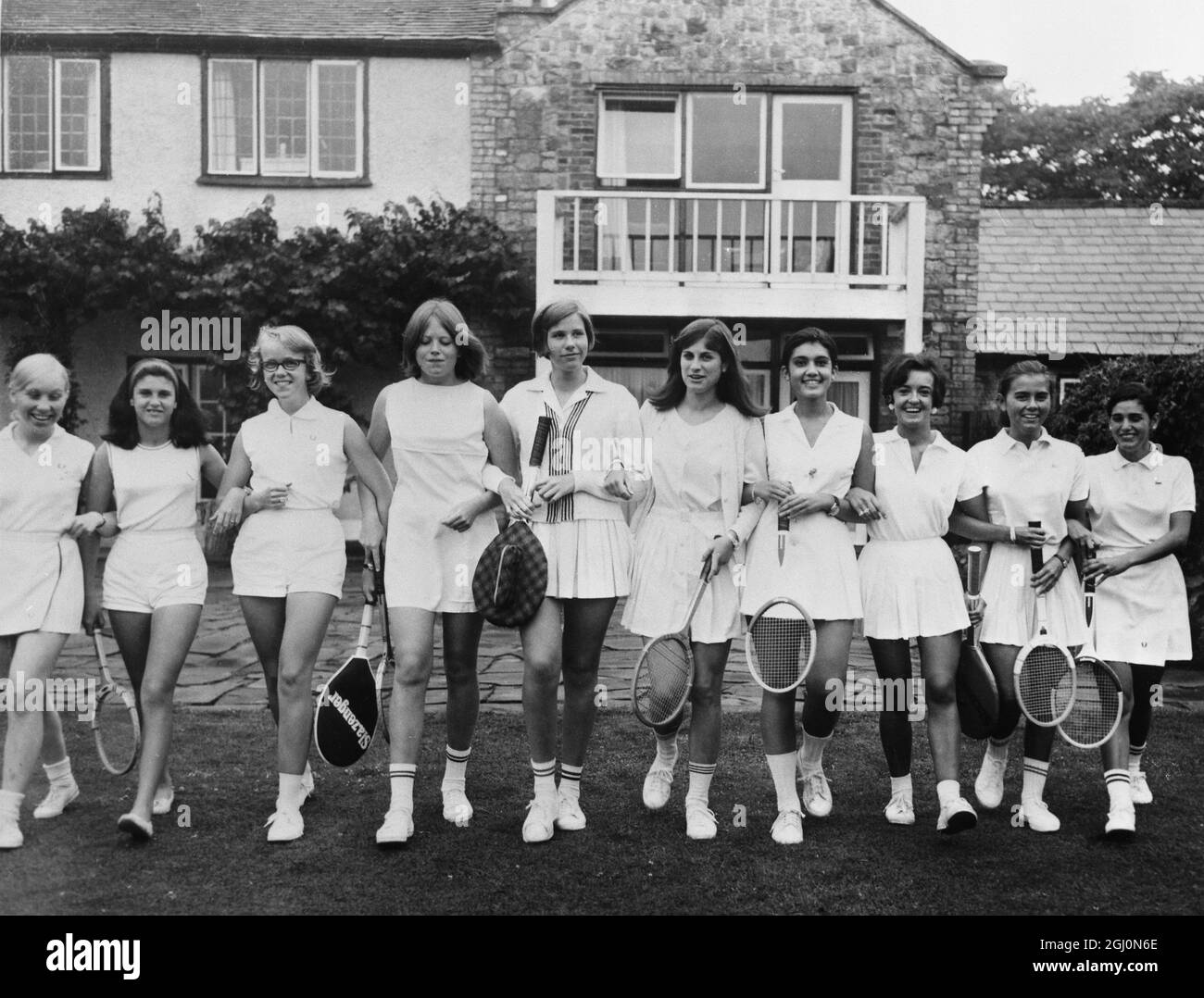 They come from ten different countries these ten girls at a finishing school at Godden Green , near Sevenoak , Kent. Off to a tennis lesson. 11 August 1967 Stock Photo