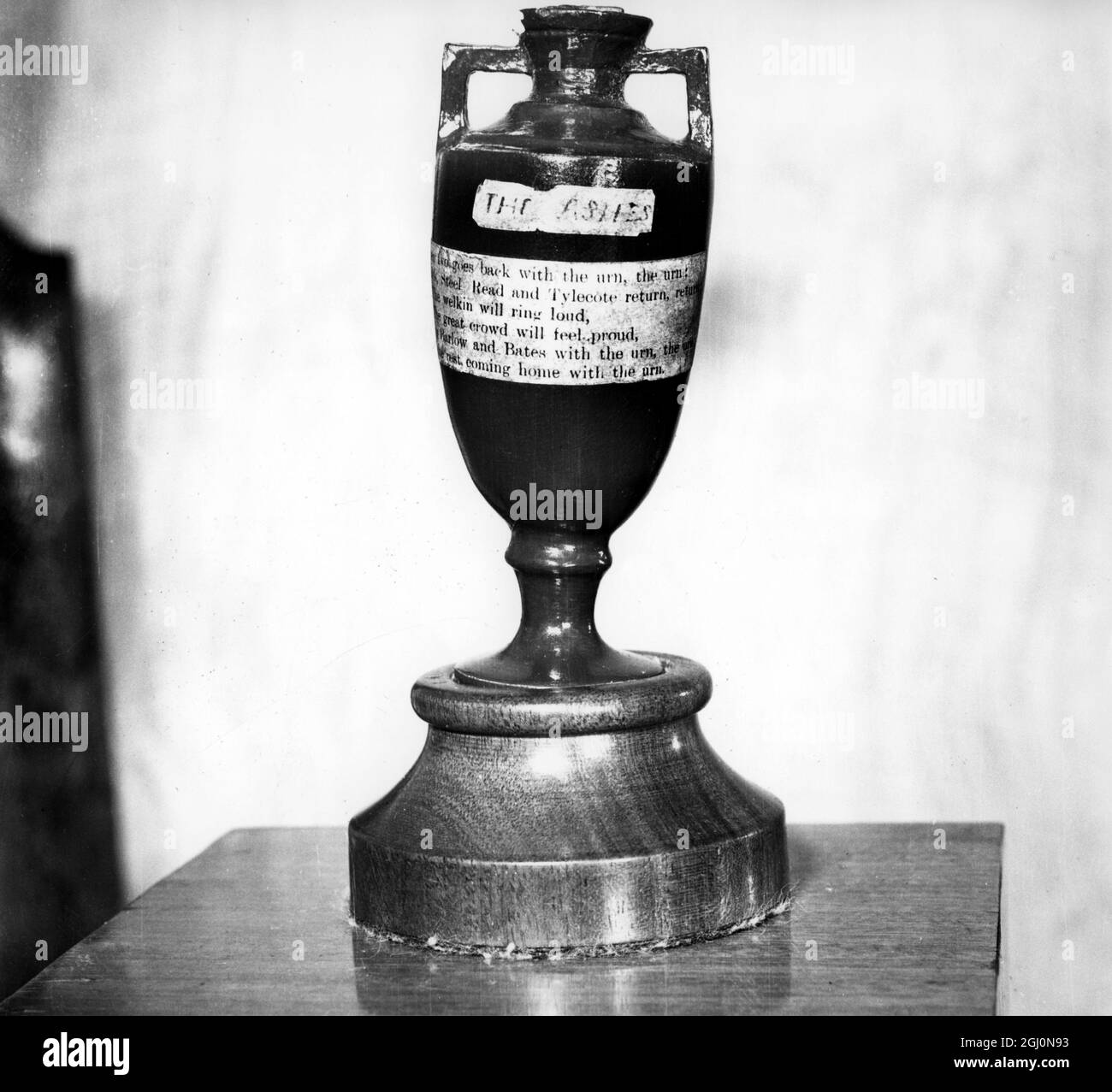 The Ashes Urn - which was presented to England captain Ivo Bligh in 1882 by a group of Melbourne women. The contents of the urn are reputed to be the ashes of an item of cricket equipment, possibly a bail, ball or stump. The series is named after a satirical obituary published in a British newspaper, The Sporting Times, in 1882 after a match at The Oval in which Australia beat England on an English ground for the first time. The obituary stated that English cricket had died, and the body will be cremated and the ashes taken to Australia. The English media dubbed the next English tour to Austra Stock Photo