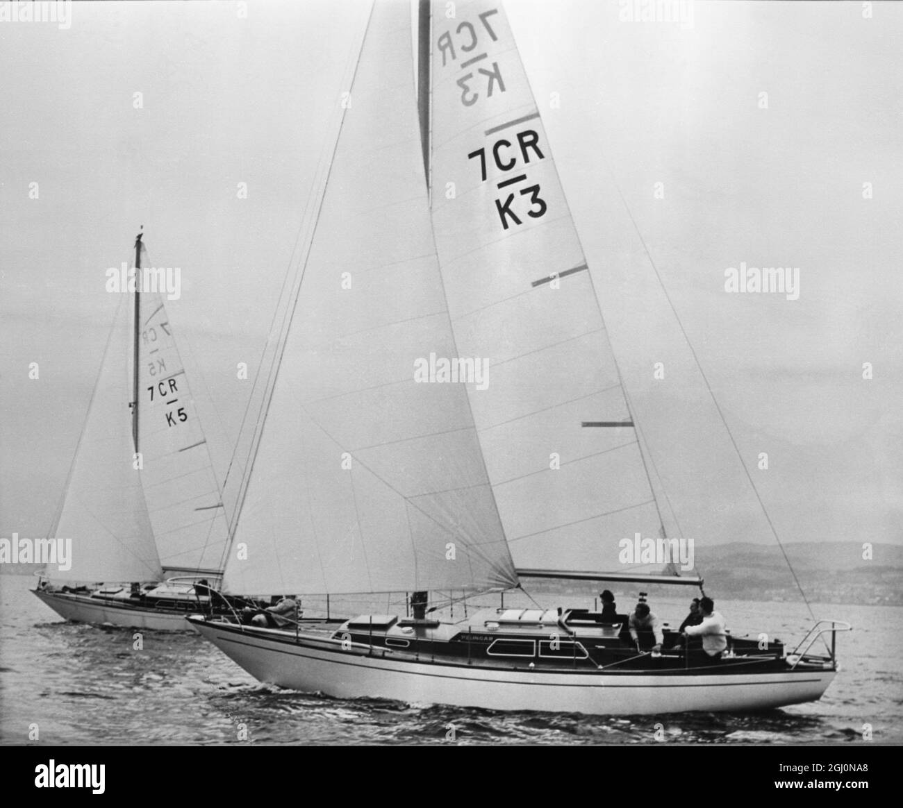 Glasgow, Scotland : The Royal ClydeYacht Club held its opening regatta at Kilcreggan near here on 13th May . This picture show two yachts of the International 7 - metre cruiser - racer class , the SHONA III ( left ) and PELLINGER , during the event . 15 May , 1967 Stock Photo