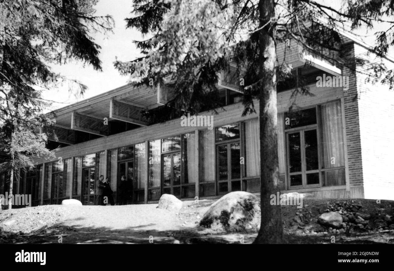 Helsinki : This is the newly completed dining hall at the camp which is being alloted to athletes taking part in the Olympic Games . The entire side is made of glass and it overlooks the forests that surround all the buildings . 28th June 1952 Stock Photo