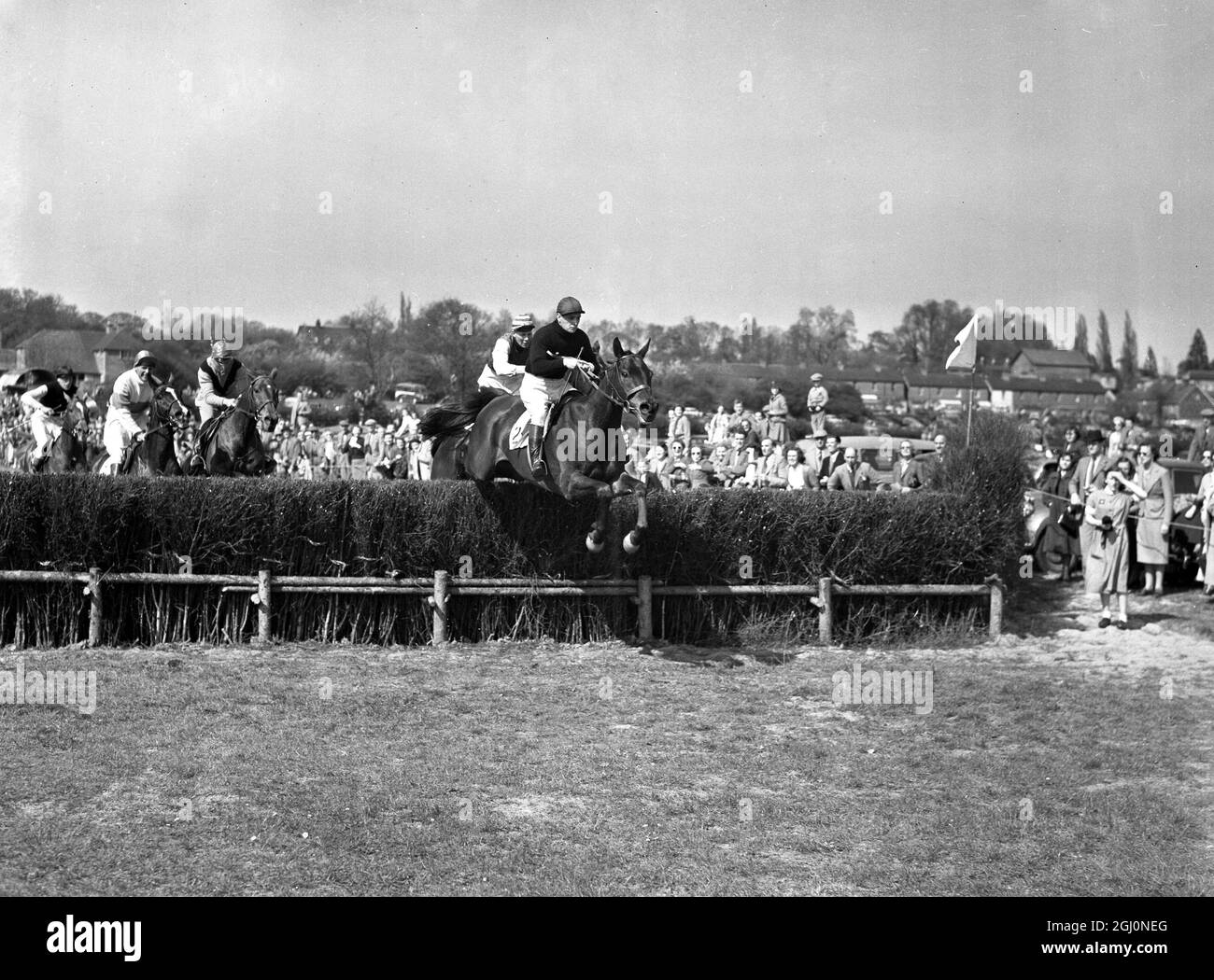 9 May 1954 Ivor Kerwood on Dark Stranger takes the last to win the Harewoods Challenge Cup (Division 1) event at the Old Surrey and Burstow Hunt point-to-point races at Spitals Cross, Edenbridge, Kent, England. Second is The Mohr ridden by T.B. Palmer and third Playboy VI ridden by Mr. P. Hicksthird. TopFoto.co.uk Stock Photo