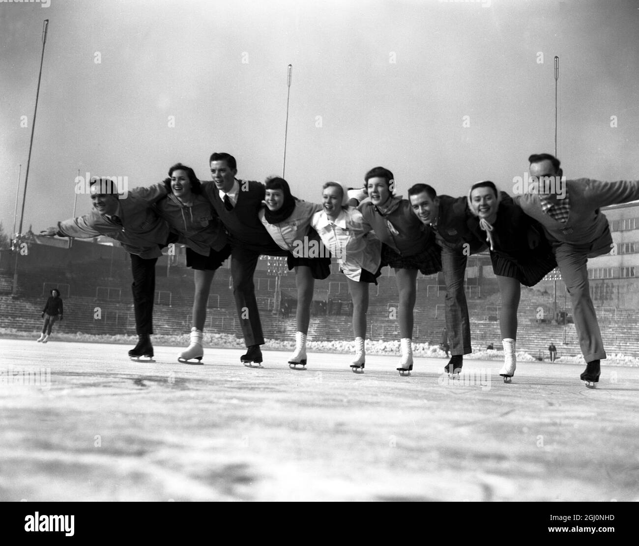 The great line-up for the Winter Olympics 1954 The complete US ice skating team at the Bislett Stadium , Oslo (except Dick Button) Left to right Peter Kennedy , 24 and his sister Karol , 19 , the world pair champions from Seattle . James D Grogan , 20 of Colorado Springs , Sonja Klopfer , 17 of New York , Virginia Baxter , 19 of Detroit , Tenley Albright , 16 , of Boston Hayes Jenkins , 19 of Cleveland , Ohio , Janet Gerhauser , 19 of Minneapolis and John Nightingale of St Paul , Minnesota . 6th February 1952 Stock Photo