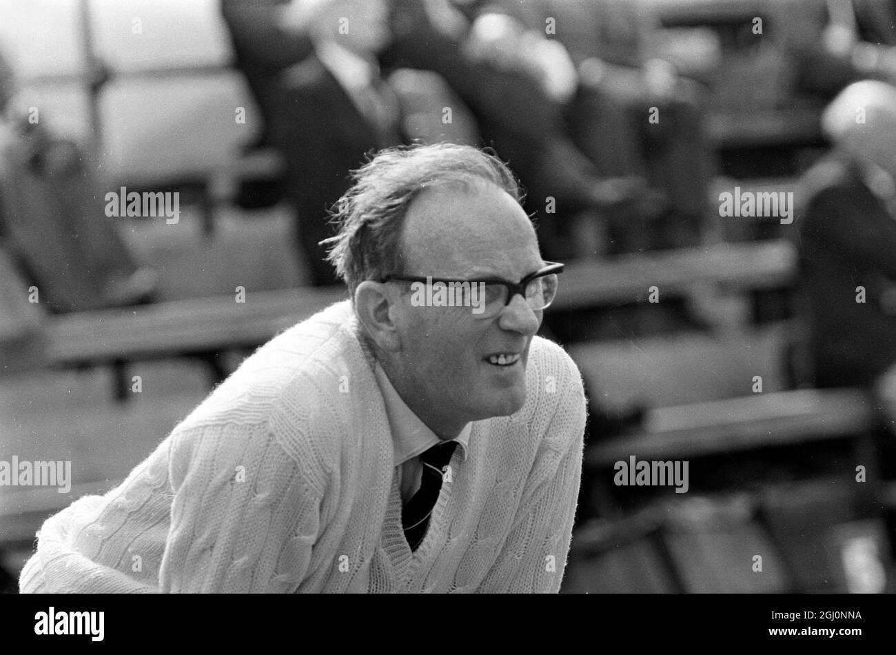 Walter Coulson , a member of the Leicester B team , during a tense moment in the match . Walter is pictured while playing in the annual National Bowling Championships , Mortlake , London , England . 17 August 1967 Stock Photo
