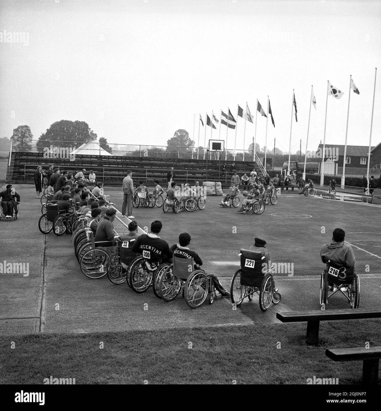 View of the basketball game in progress between Israel and Holland at the International Games for the Paralysed which began at Stoke Mandeville . There are 360 competitors from 23 countries . Dr Ludwig Guttmann , who founded the Games 14 yrs ago , performed the opening ceremony . . 20th July 1965 Stock Photo