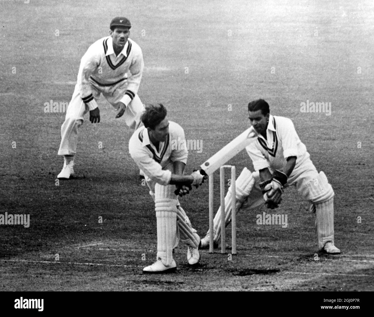 Trent Bridge , Nottingham ; Denis Compton is seen swinging at t ball from Pakistan bowler M Fazal during the Test Match between England and Pakistan at Trent Bridge . It was Compton ' s hundredth innings for England and he celoebrated the occasion by producing the highest individual score recorded in Test Cricket since the late war . His total score at the fall of his wicket in England ' s first innings was 278 . 3 July 1954 Stock Photo