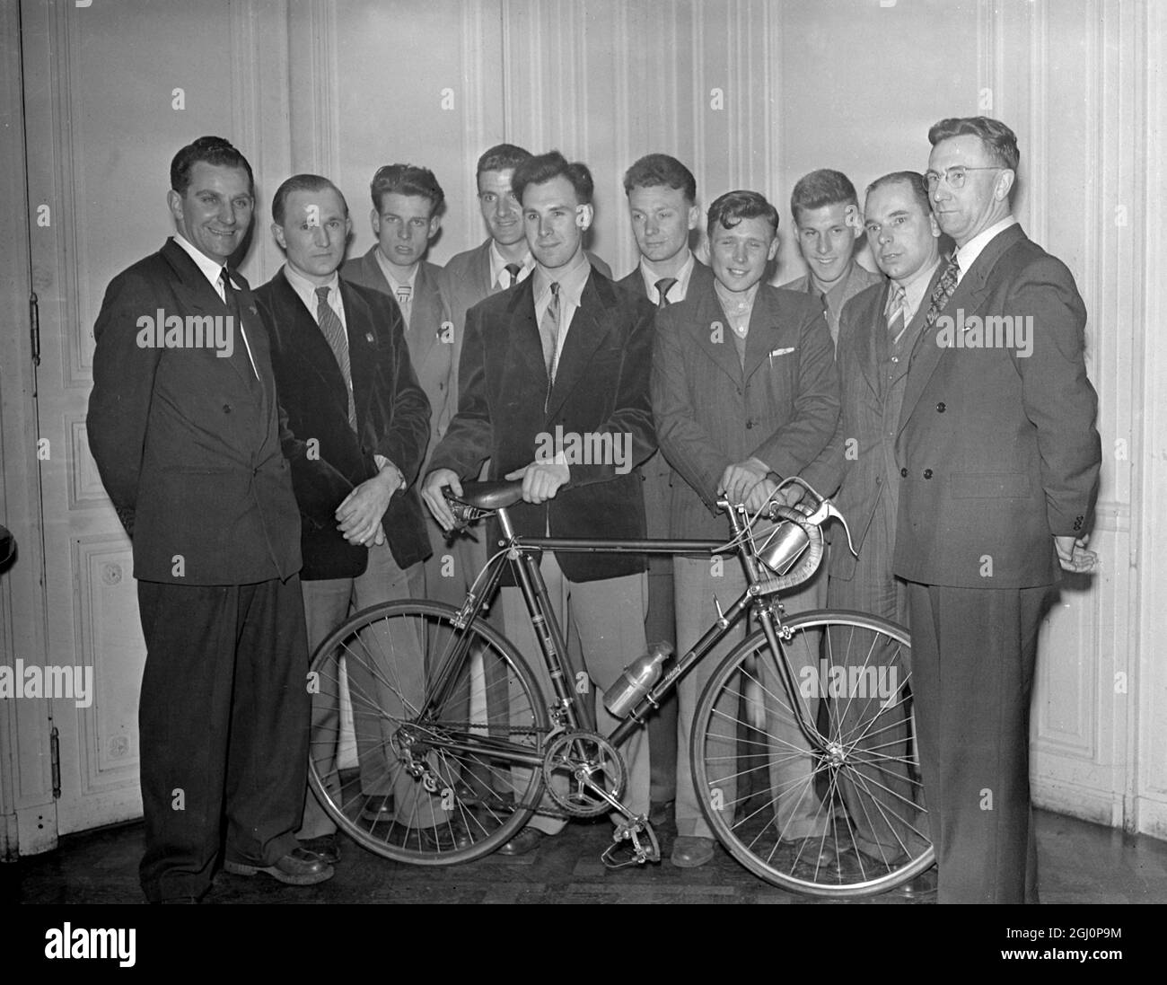This team from the British League of Racing Cyclists will leave England for Warsaw where they will compete in the Warsaw - Berlin - Prague Cycle RAce , 1952 , starting 30 April and ending on 13 May . The team , consisting of six cyclists , a manager , a masseur , and a mechanic will cover 12 265 miles during the race in which 15 nations are participating . The cyclists are Ian Steel - Glasgow ; Ian Greenfield - Edinburgh ; Bevis Harold Wood - Stalybridge , Cheshire ; Ken Jowett - Bradford ; Les Scales - London and Frank Seel - Manchester . Manager is Percy Stallard - Wolverhampton ; masseur Ch Stock Photo