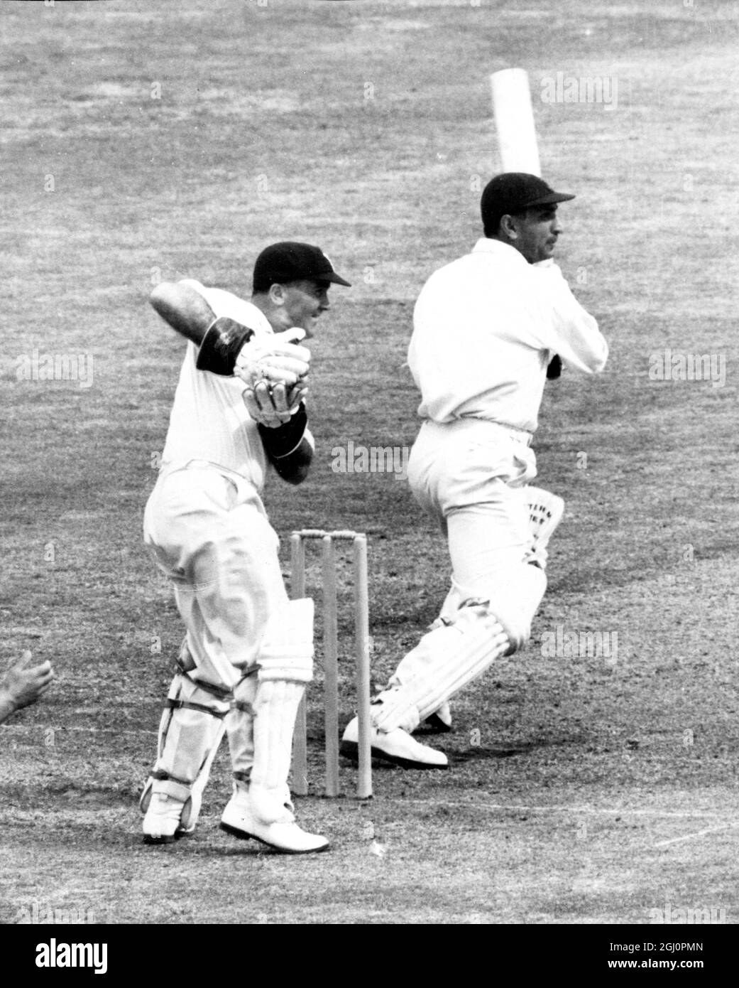 England v India Polly Umrigar pulls one from Tommy Greenhough to boundary on the second day of the first test at Trent Bridge 5 June 1959 Stock Photo
