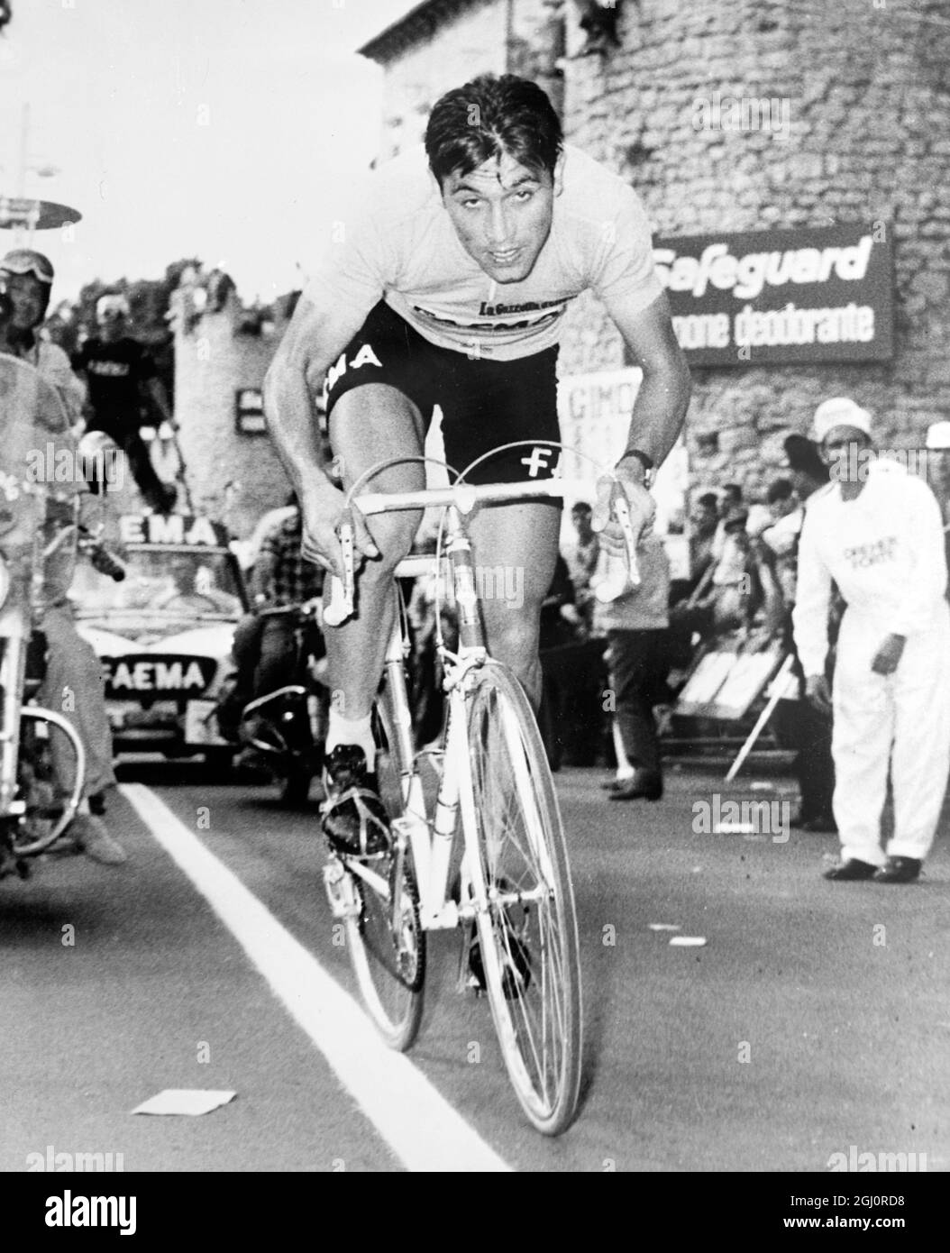 Belgium's Eddy Merckx in action to win the 15th lap of the 52nd Cycling Tour of Italy ( Giro d'Italia ) in San marino 30 May 1969 . On 2 June Merckx , who was the leading the tour , was disqualified on a dope test Stock Photo