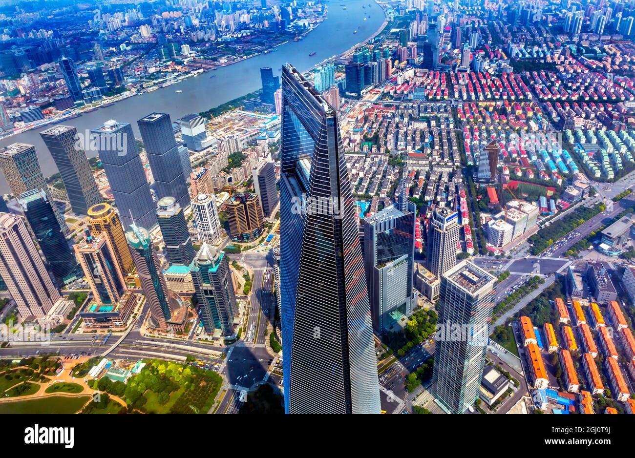 Looking Down on Black Shanghai World Financial Center Skyscraper Reflections Huangpu River Cityscape Liujiashui Financial District Shanghai China. Stock Photo