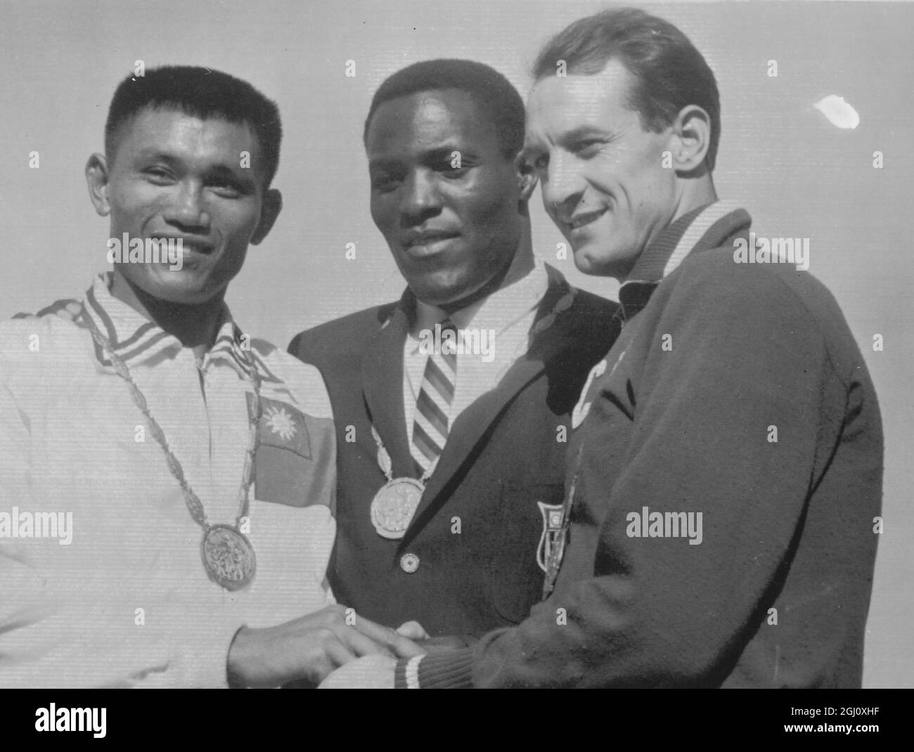 OLYMPIC GAME DECATHLON MEDAL PRESENTATION JOHNSON GOLD YANG KOUZENZ 7 SEPTEMBER 1960 Stock Photo