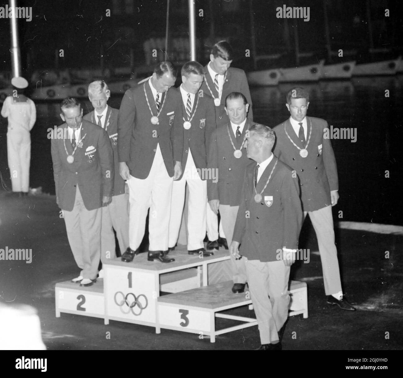 OLYMPIC GAME YACHTING 5.5M CLASS FINAL WINNERS ON PODIUM 8 SEPTEMBER 1960 Stock Photo