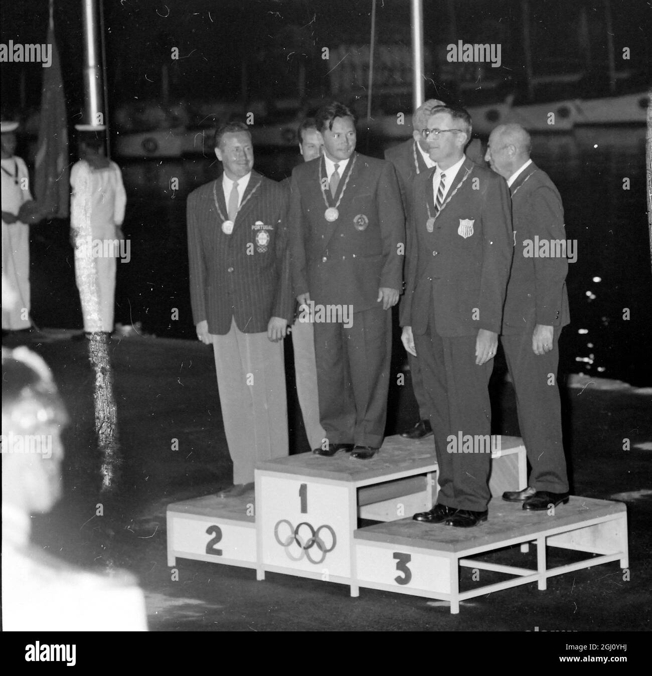 OLYMPIC GAME YACHTING STAR CLASS FINAL WINNERS ON PODIUM VIND PRESE 8 SEPTEMBER 1960 Stock Photo