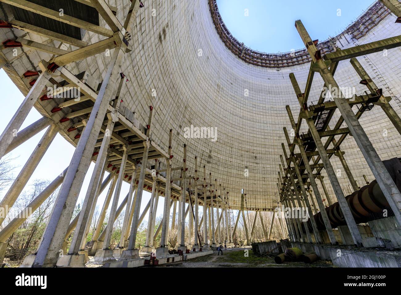 Ukraine, Pripyat, Chernobyl. Inside the unfinished cooling tower for reactors 5 and 6 which were never completed. Stock Photo