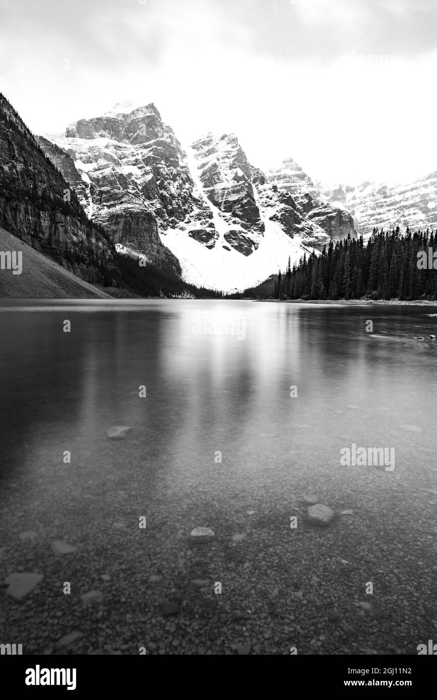Canada, Alberta. Moraine Lake, Black and white image, Banff National Park. Stock Photo