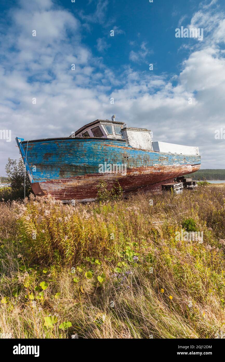 Canada, Nova Scotia, Marie Joseph. Wrecked wooden fishing boat. Stock Photo