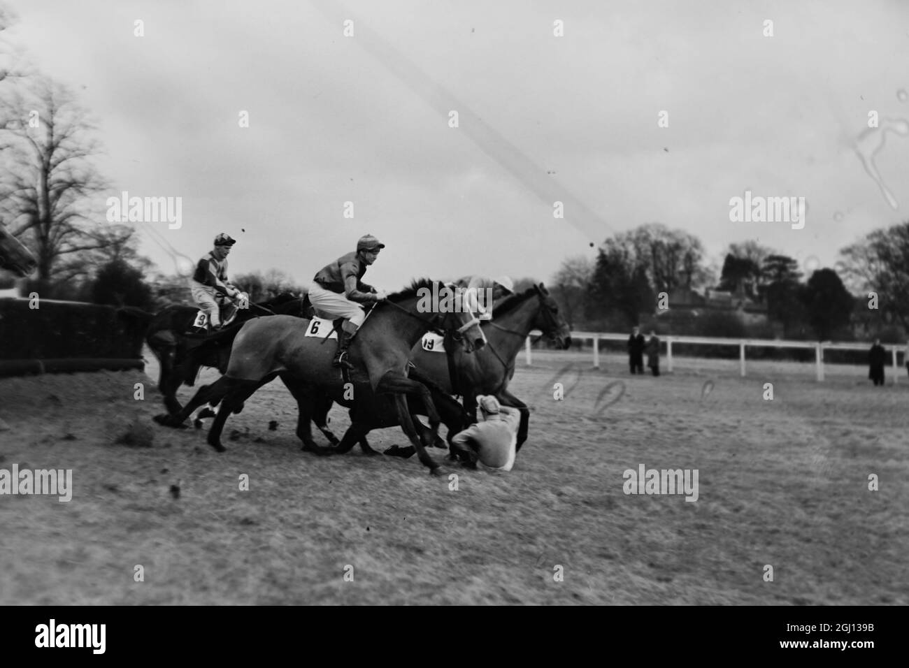 HORSES RACE POPPETINA GIFFORD J FALLS AT KEMPTON PARK 24 JANUARY 1962 ...