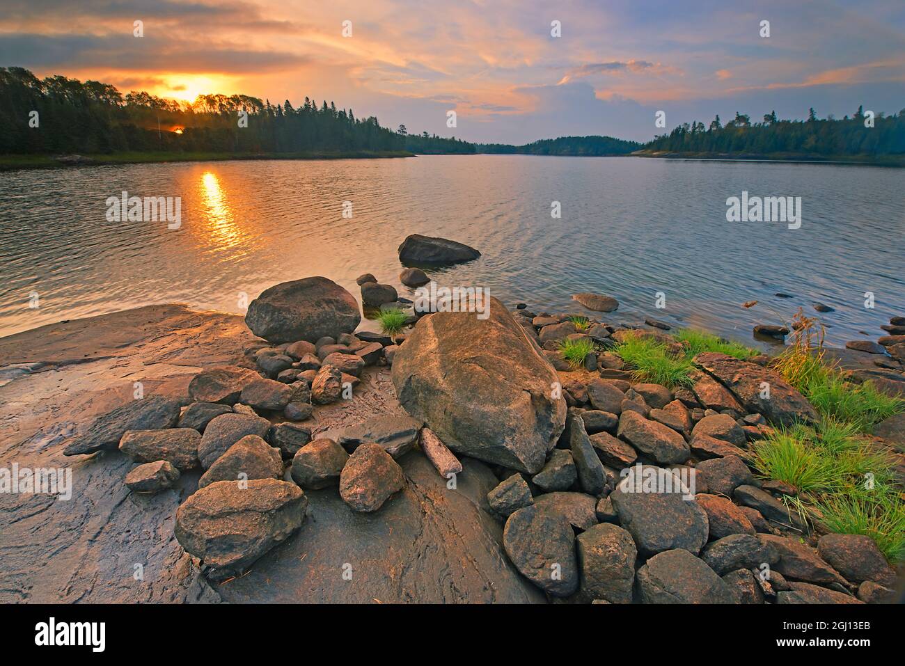 Canada, Ontario, Kenora. Middle Lake at sunrise. Credit as: Mike Grandmaison / Jaynes Gallery / DanitaDelimont. com Stock Photo