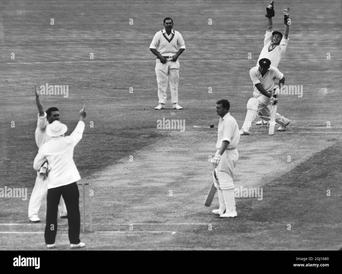 19 FEBRUARY 1963 FRED TITMUS TRAPS PETER BURGE LBW FOR 103 DURING THE 5TH ASHES TEST MATCH, MCC VS AUSTRALIA, SYDNEY, AUSTRALIA. Stock Photo