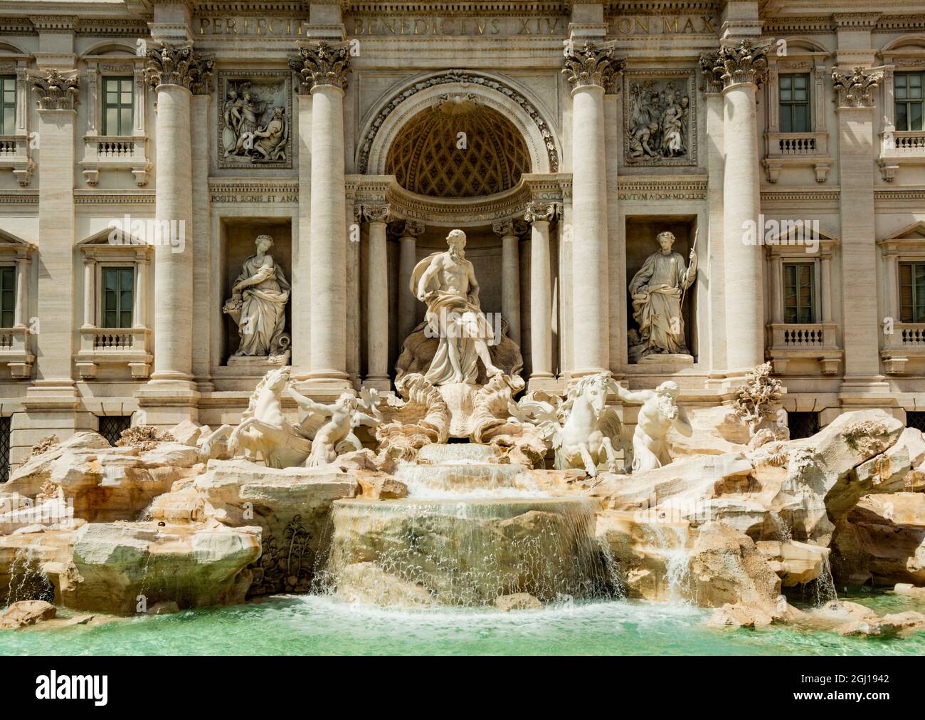 Italy, Rome. The Trevi Fountain, designed by Nicola Salvi. Aqua Virgo, 'Ocean' in center and four allegorical figures on sides representing value of r Stock Photo
