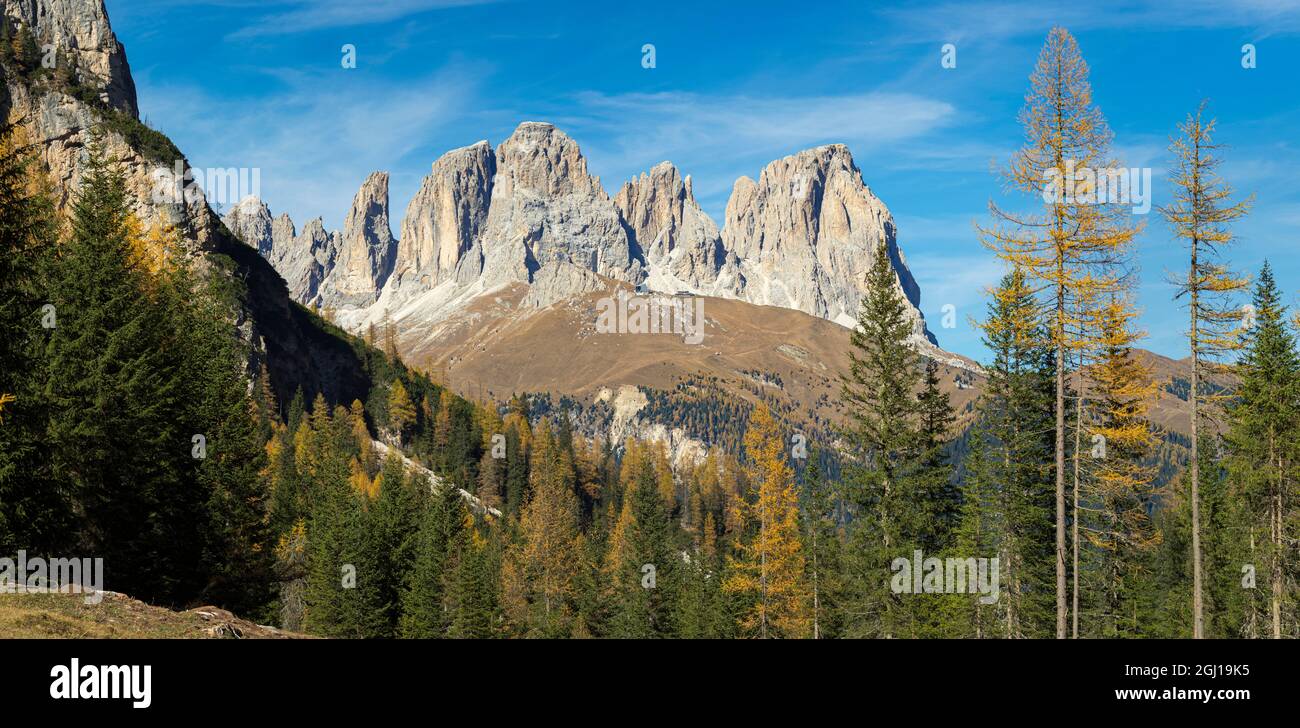View of Langkofel (Sasso Lungo) from Val Contrin in the Marmolada mountain range in the Dolomites. Dolomites are part of the UNESCO World Heritage Sit Stock Photo