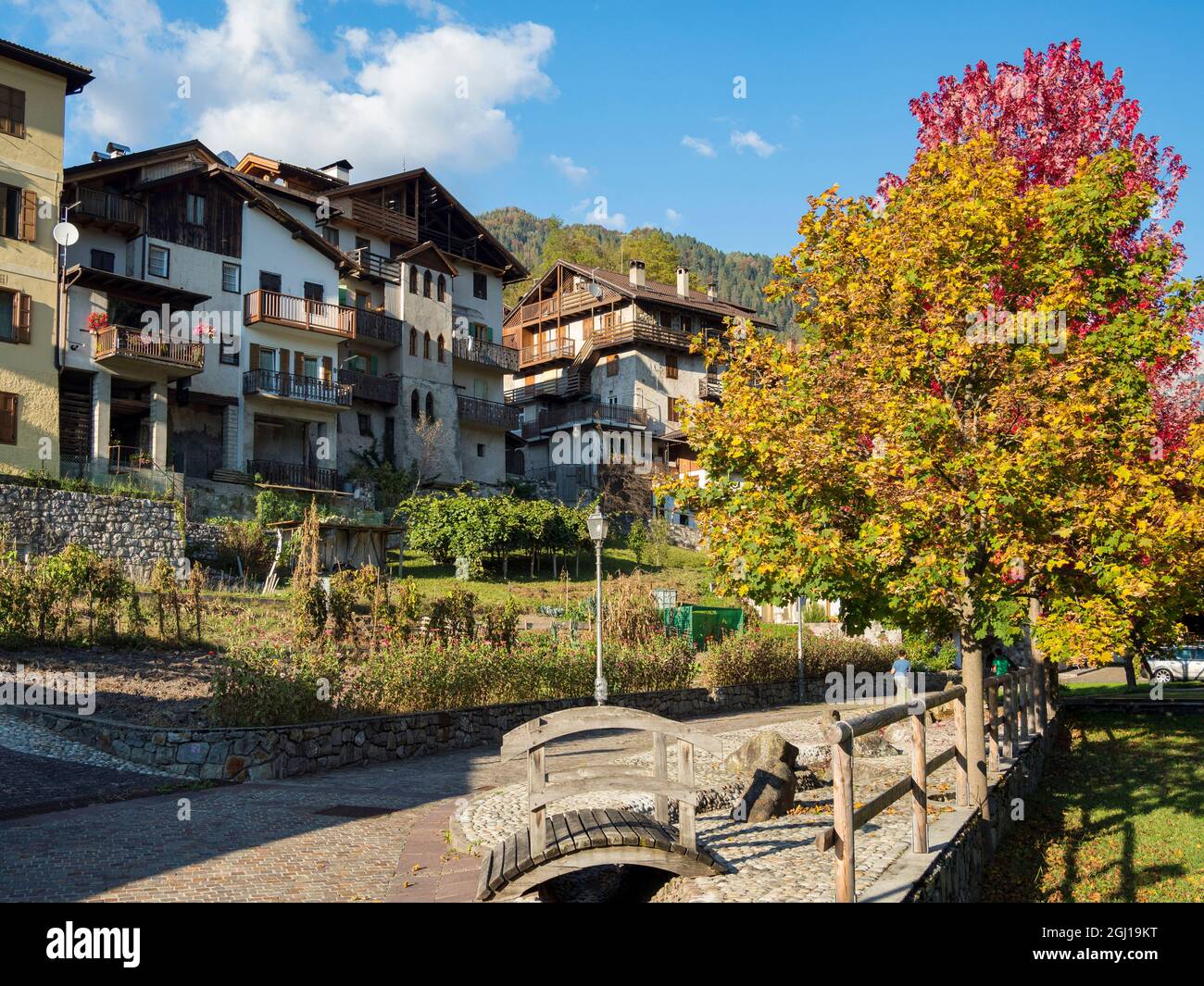 Traditional architecture of the Primiero. Tonadico in the valley of Primiero in the Dolomites of Trentino, Italy. Stock Photo