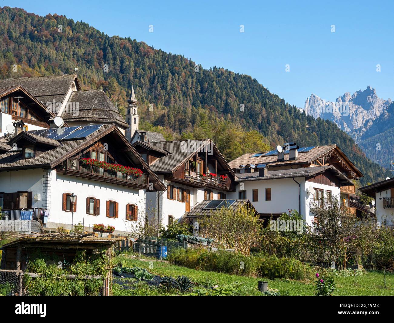 Traditional architecture of the Primiero. Tonadico in the valley of Primiero in the Dolomites of Trentino, Italy. (Editorial Use Only) Stock Photo