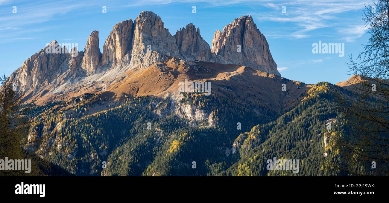 View of Langkofel (Sasso Lungo) from Val Contrin in the Marmolada mountain range in the Dolomites. Dolomites are part of the UNESCO World Heritage Sit Stock Photo