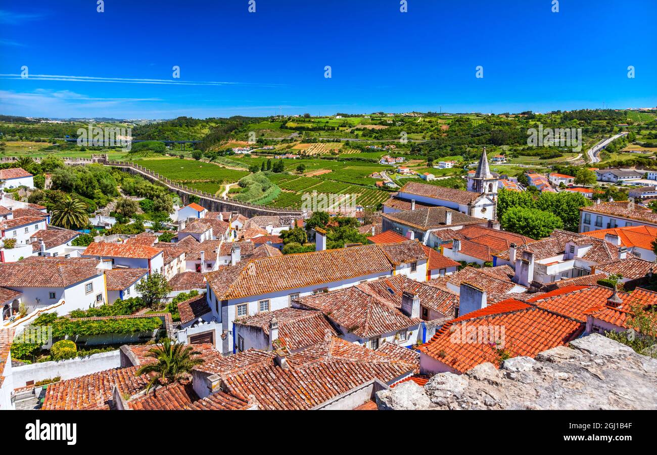 Castle Wals Countryside Farmland Medieval Town Santa Marica Church Obidos Portugal. Castle and walls built in 11th century after town taken from the M Stock Photo