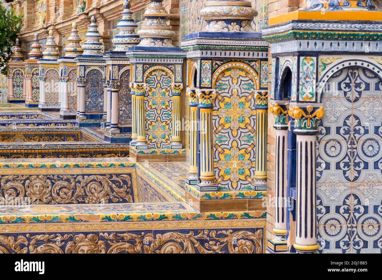 Spain, Andalusia, Seville. The elaborately and traditionally decorated Plaza de Espana, built for the 1929 Ibero-American Exposition. Stock Photo