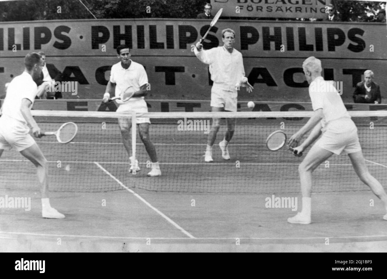 Tennis Player Roy Emerson Fred Stolle In Action Australia V Sweden Doubles In Baastad 31 August 1964 Stock Photo Alamy