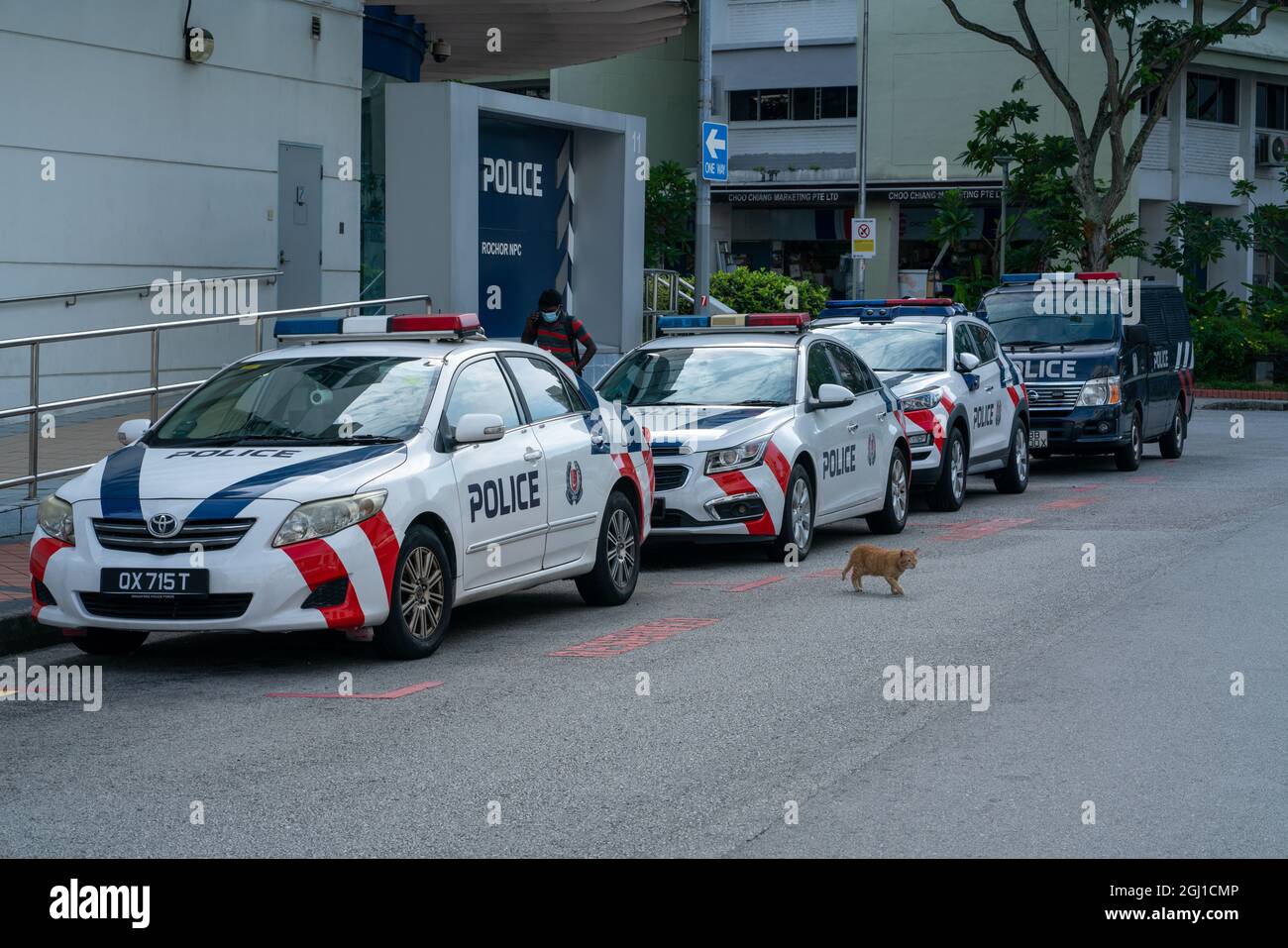 SINGAPORE, SINGAPORE - Sep 07, 2021: Police  cars parked outside Rocher police station, Singapore Stock Photo