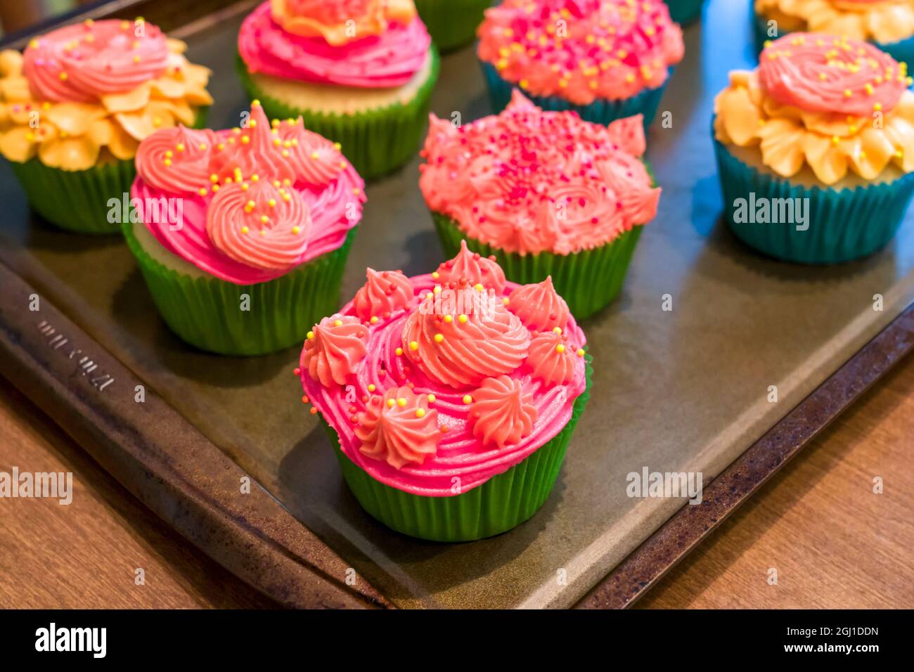 Homemade cupcakes with decorative frosting. Stock Photo