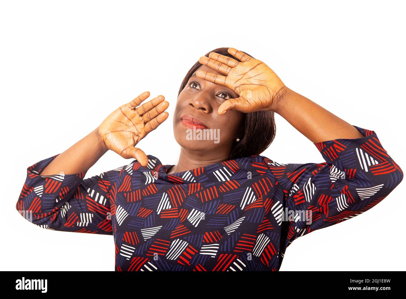 beautiful african adult woman gesturing hands looking away in front of ...