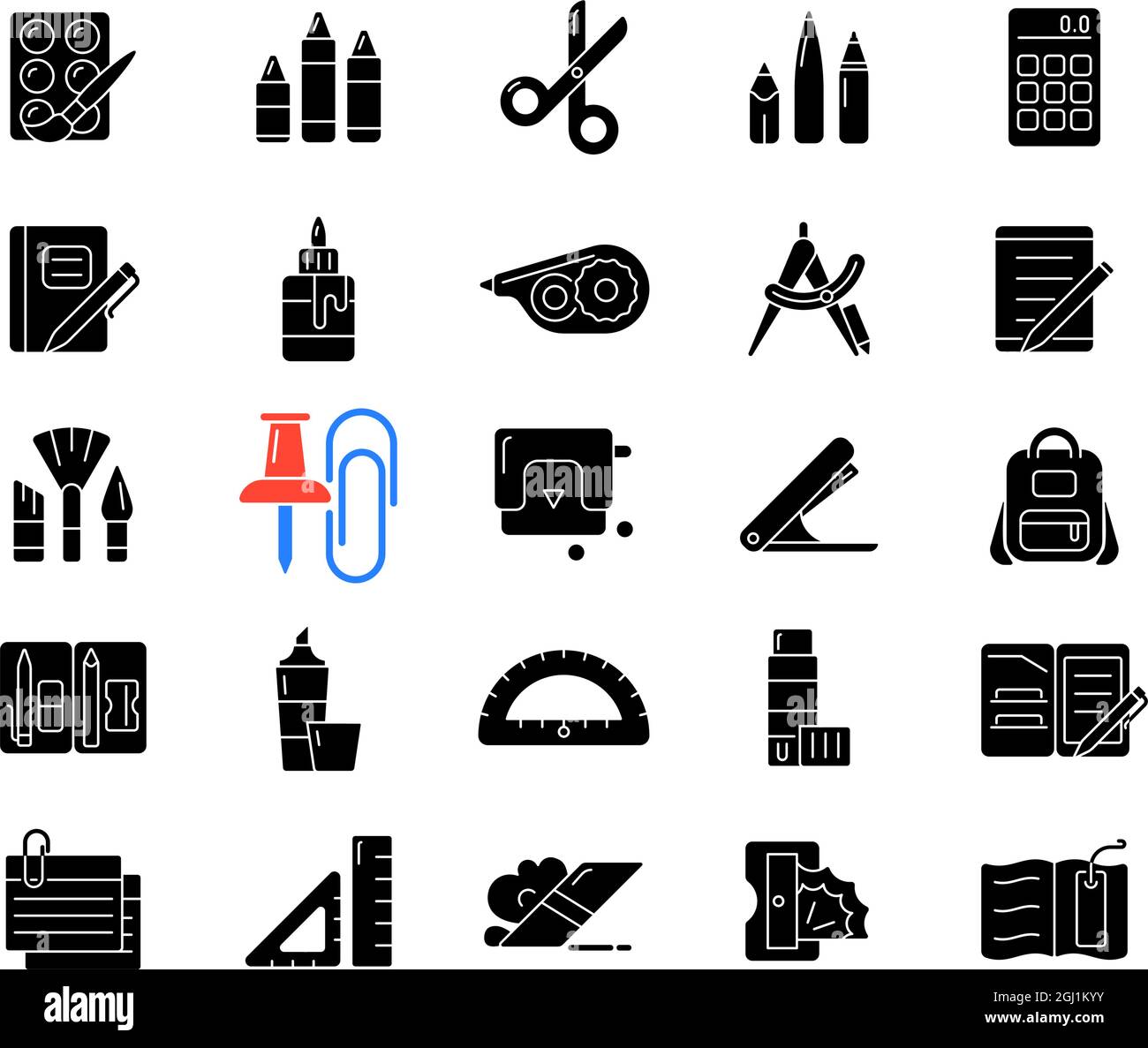 School supplies black glyph icons set on white space Stock Vector Image ...