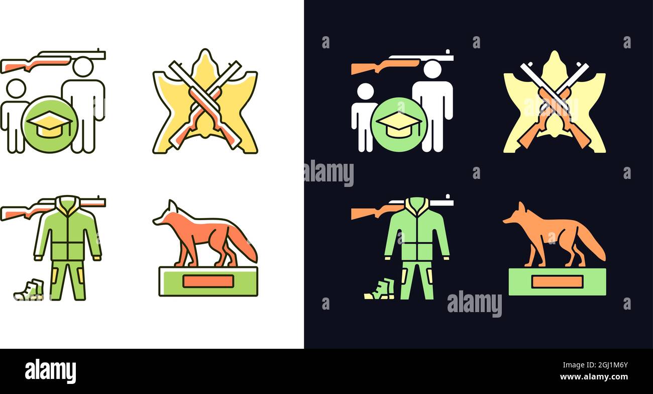 Hunting trophy and equipment light and dark theme RGB color icons set ...