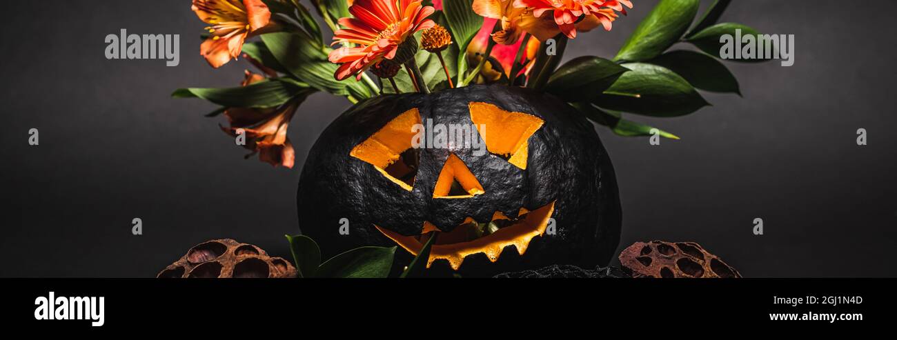 orange flowers in spooky and carved pumpkin on black background, banner ...