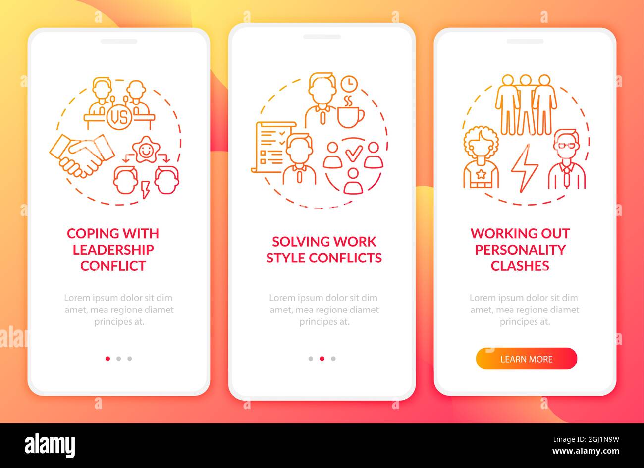 Dealing with team conflicts red onboarding mobile app page screen Stock Vector
