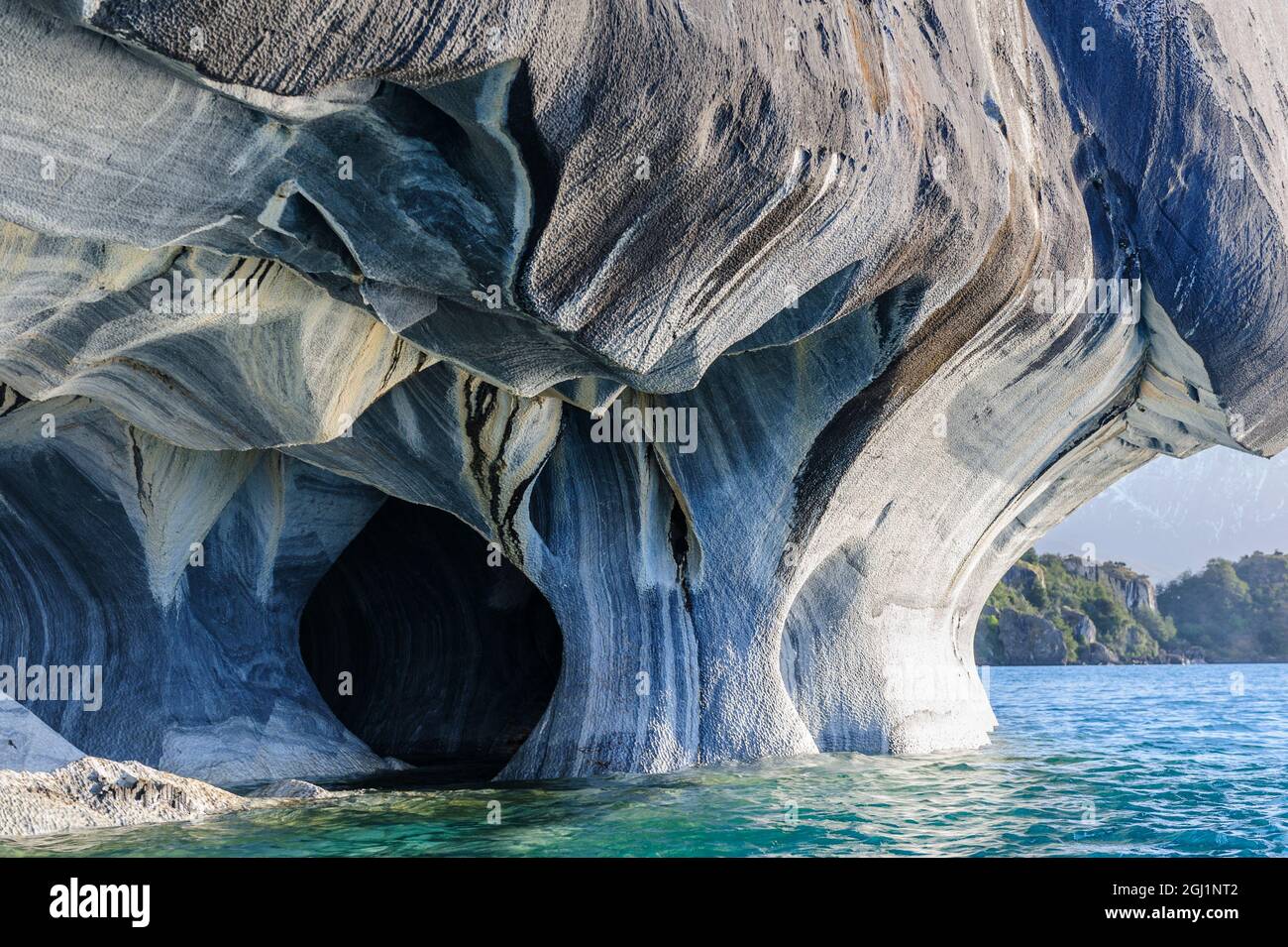 Chile, Aysen, Puerto Rio Tranquilo, Marble Chapel Natural Sanctuary. Limestone (marble) formations, that has been carved and polished by the lakes wav Stock Photo