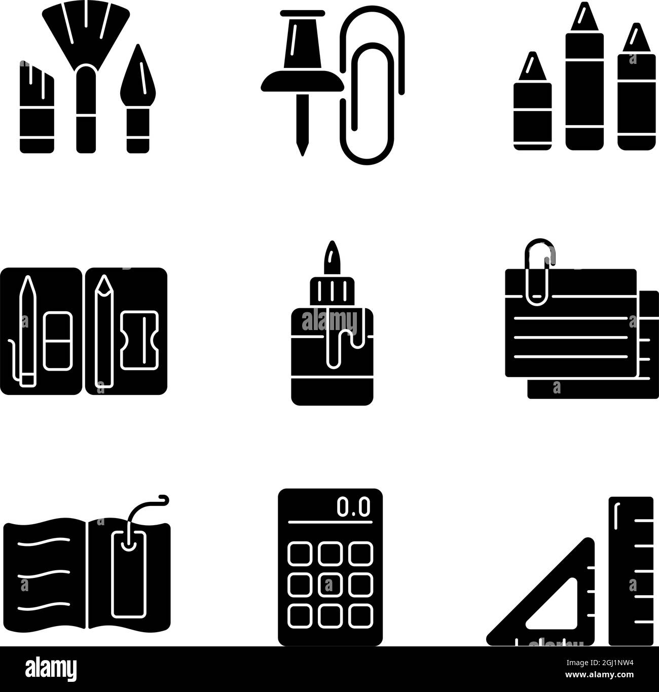 School essential equipment black glyph icons set on white space Stock ...