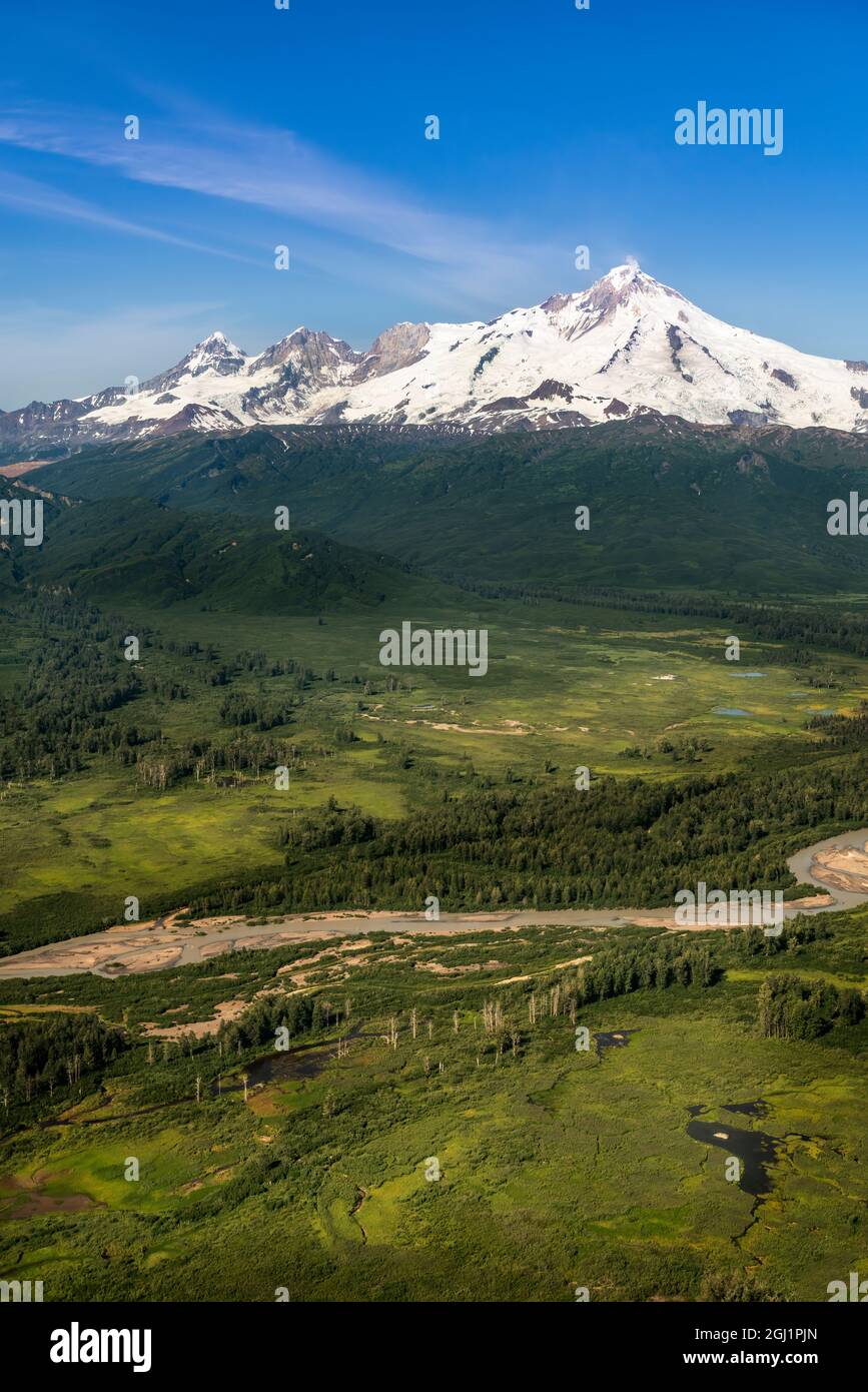 USA, Alaska, Lake Clark National Park. Aerial of Mt. Iliamna with steam spewing from top. Stock Photo