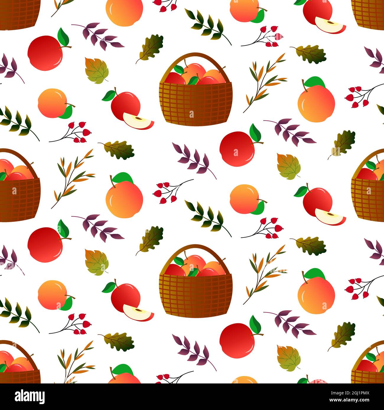 Autumn pattern with basket, apples and leaves. Vector illustration ...