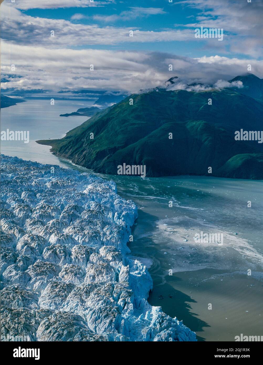 Ice from Hubbard Glacier advancing toward Gilbert Point, Wrangell-St. Elias National Park, Alaska Stock Photo