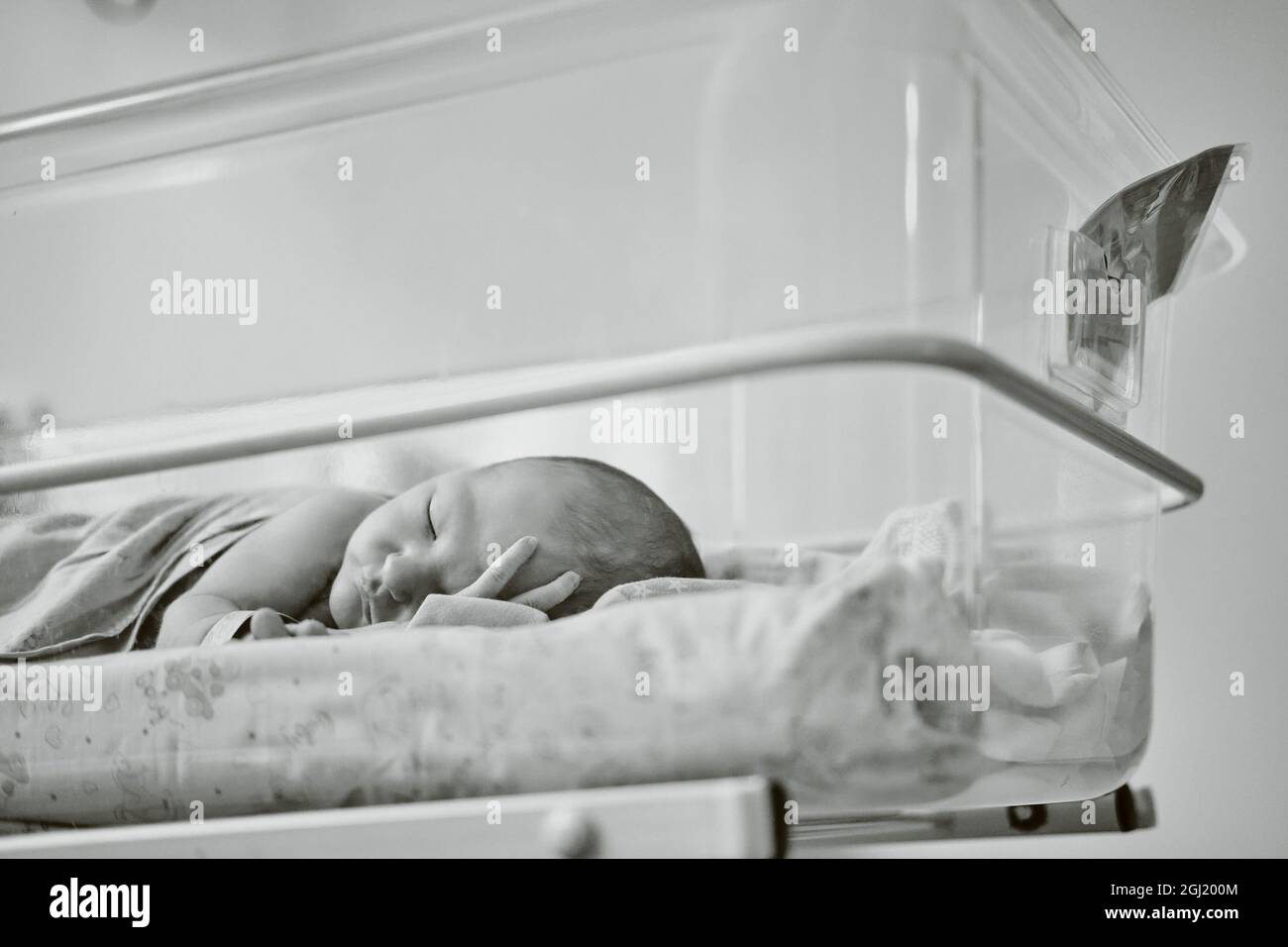 A newborn baby with a maternity hospital bracelet on his arm is