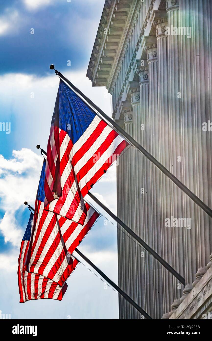 American flags at Herbert Hoover Building, Washington DC, USA. Stock Photo