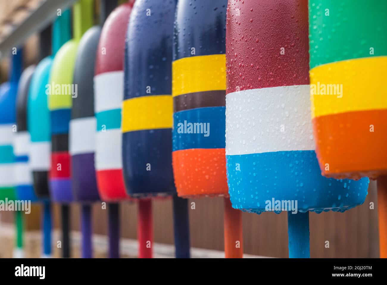 USA, Maine Cape Neddick. New lobster buoys for sale Stock Photo Alamy