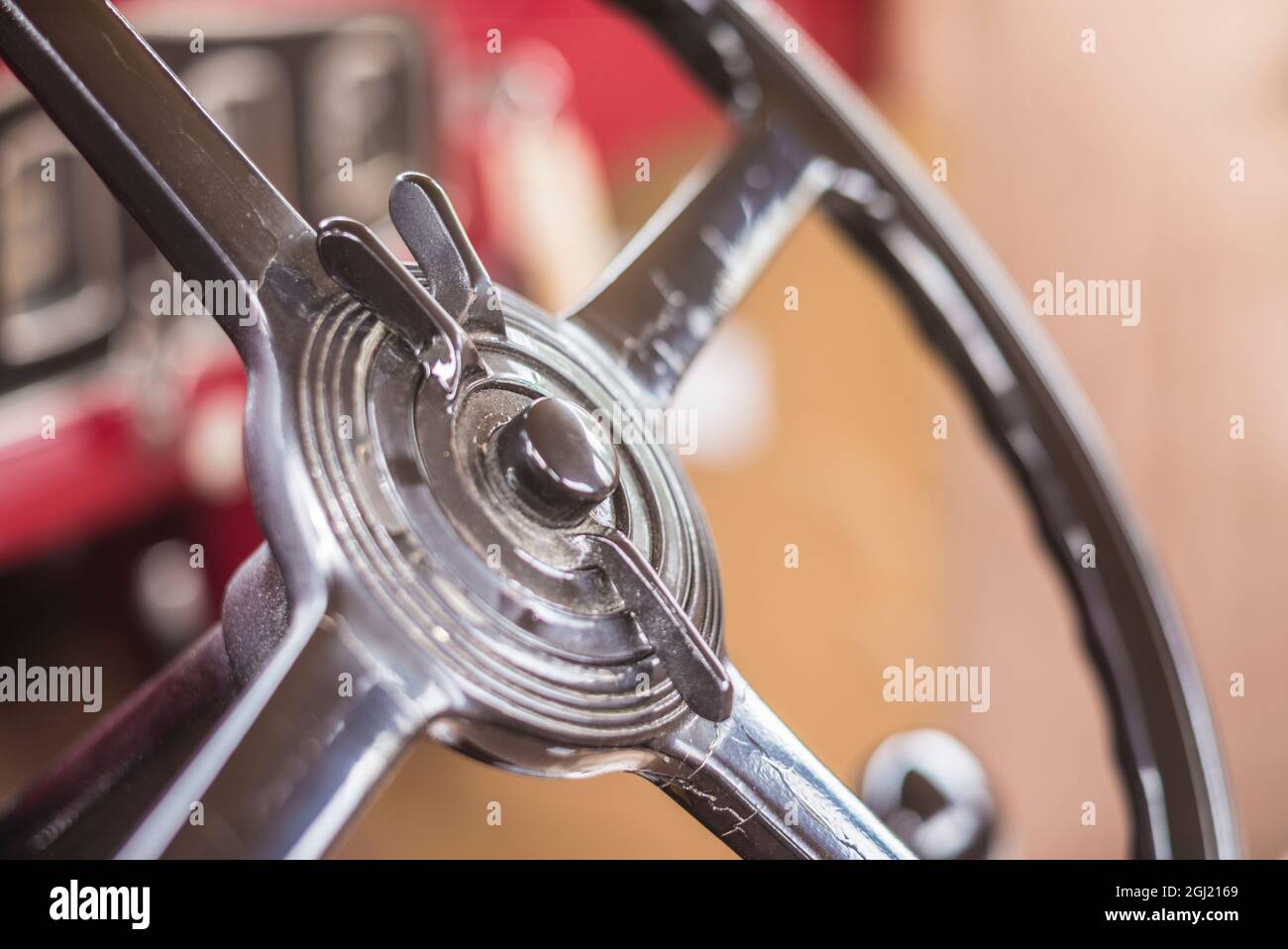 USA, Massachusetts, Essex. Antique cars, detail of 1920's-era steering