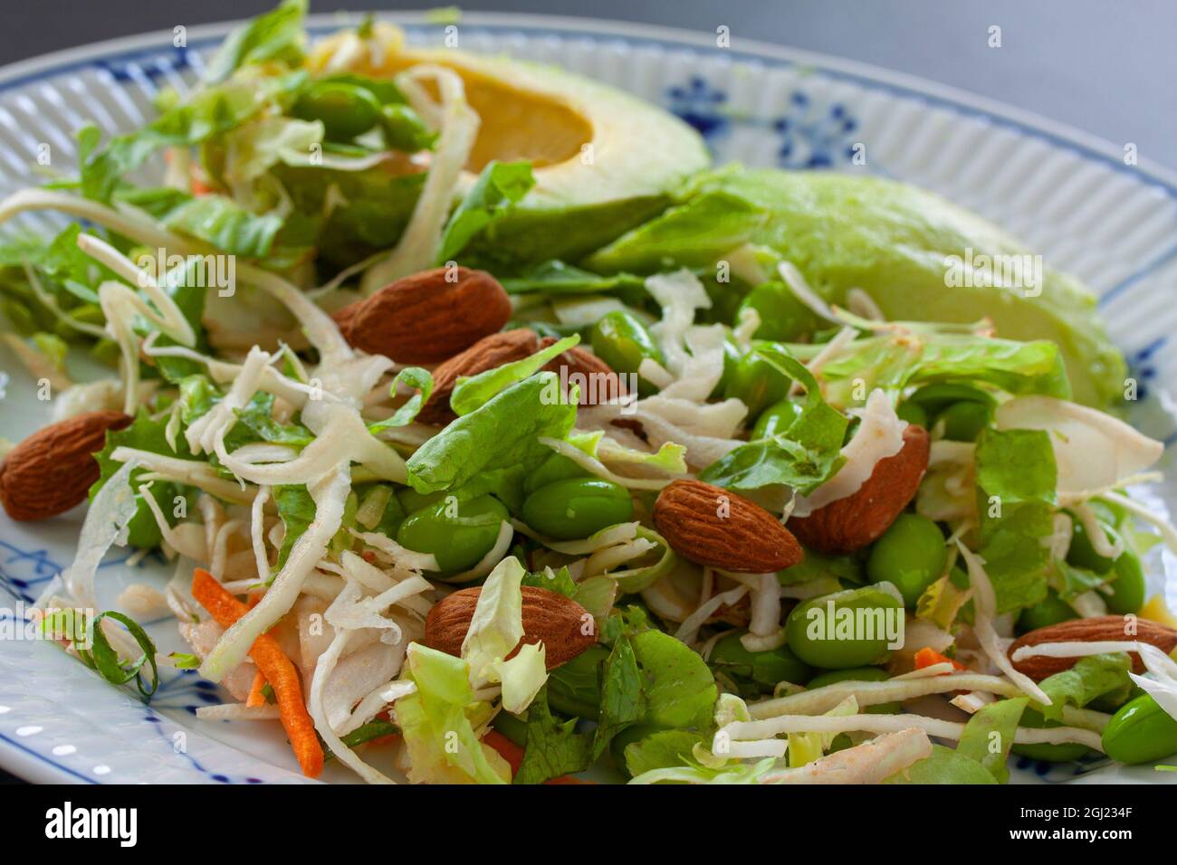 Healthy green raw food organic salad with avocado, edamame beans and