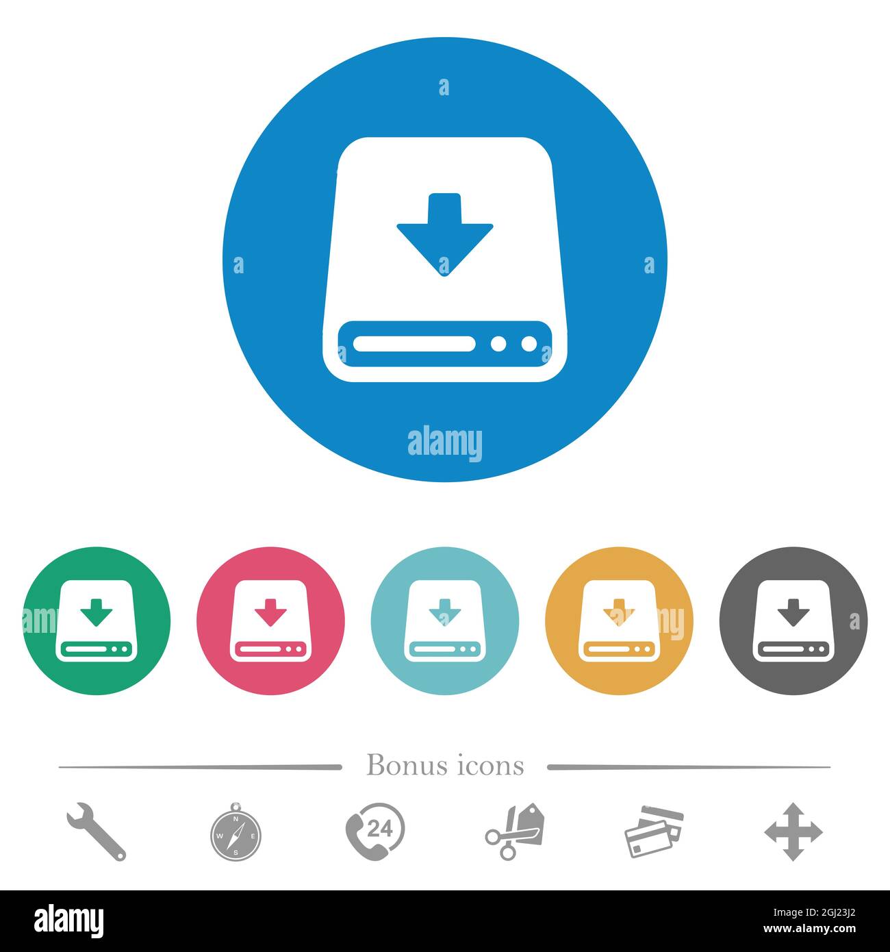 Download to hard disk flat white icons on round color backgrounds. 6 ...